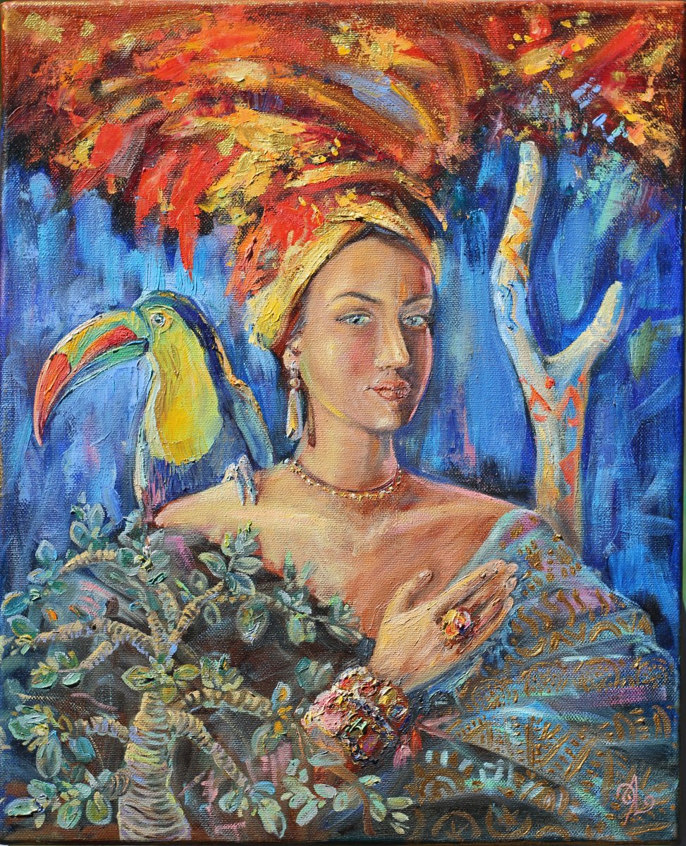 Impressionistic Portrait Oil Painting By Elina Vetrova, 16 X 20, Toucan Serenade, Original Artwork