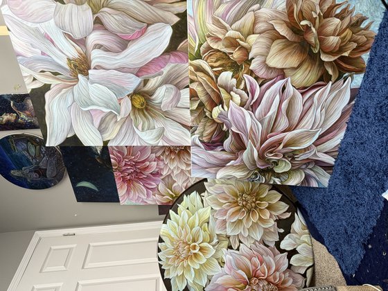 Dahlias and brown roses