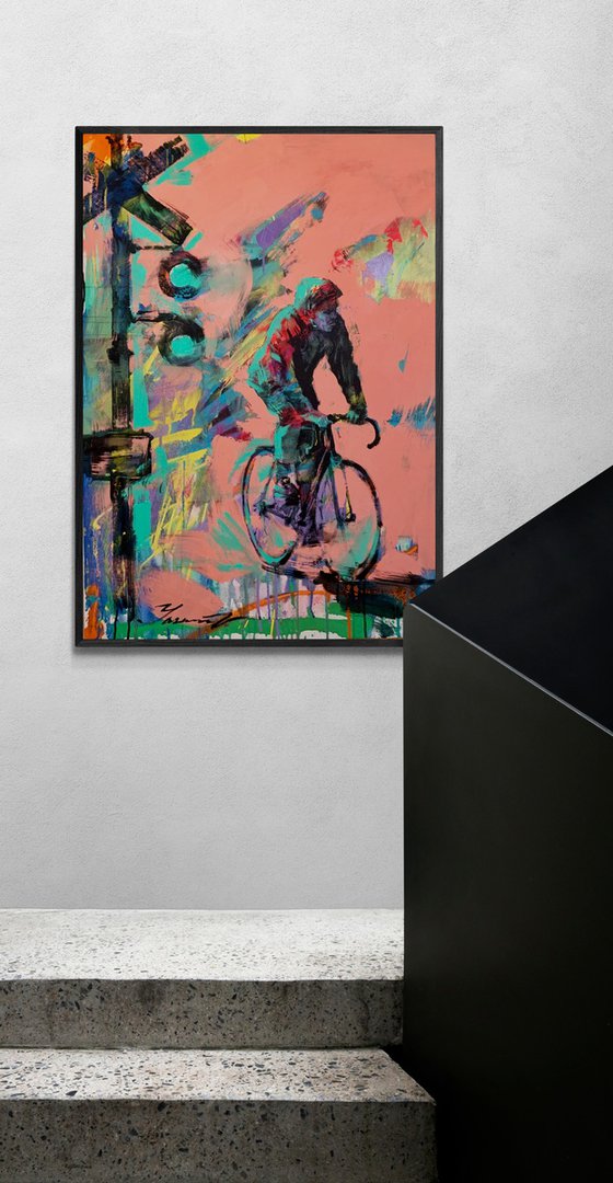 Bright painting - "City cyclist" - Urban Art - Pop Art - Bicycle - Street Art - Pink&Green - City - Street scene