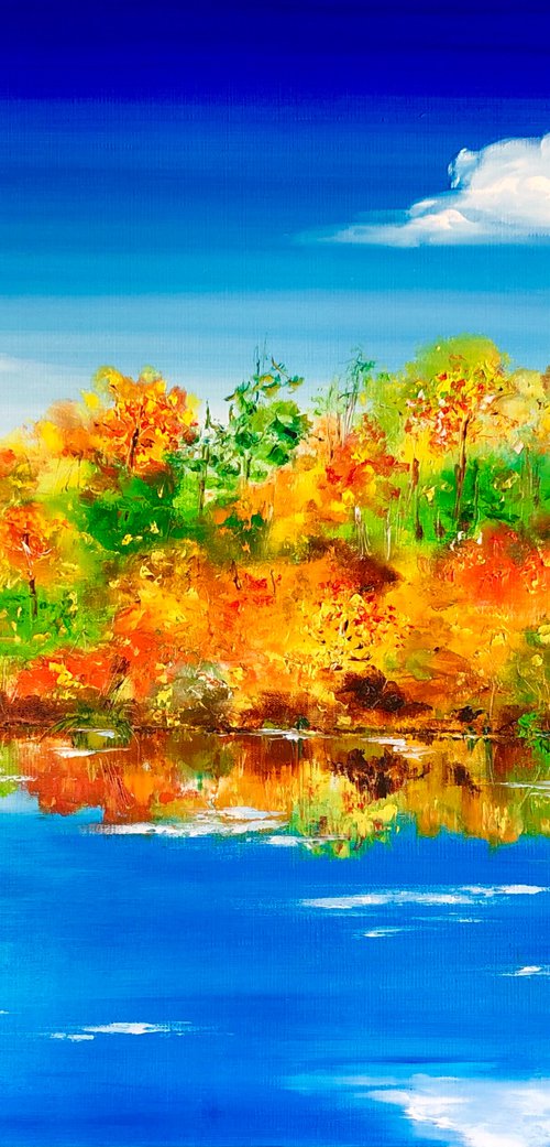 HARMONY ON THE SHORES - Autumn. October. Bright landscape. Blue river. Warm weather. Red forest. Yellow leaves. by Marina Skromova