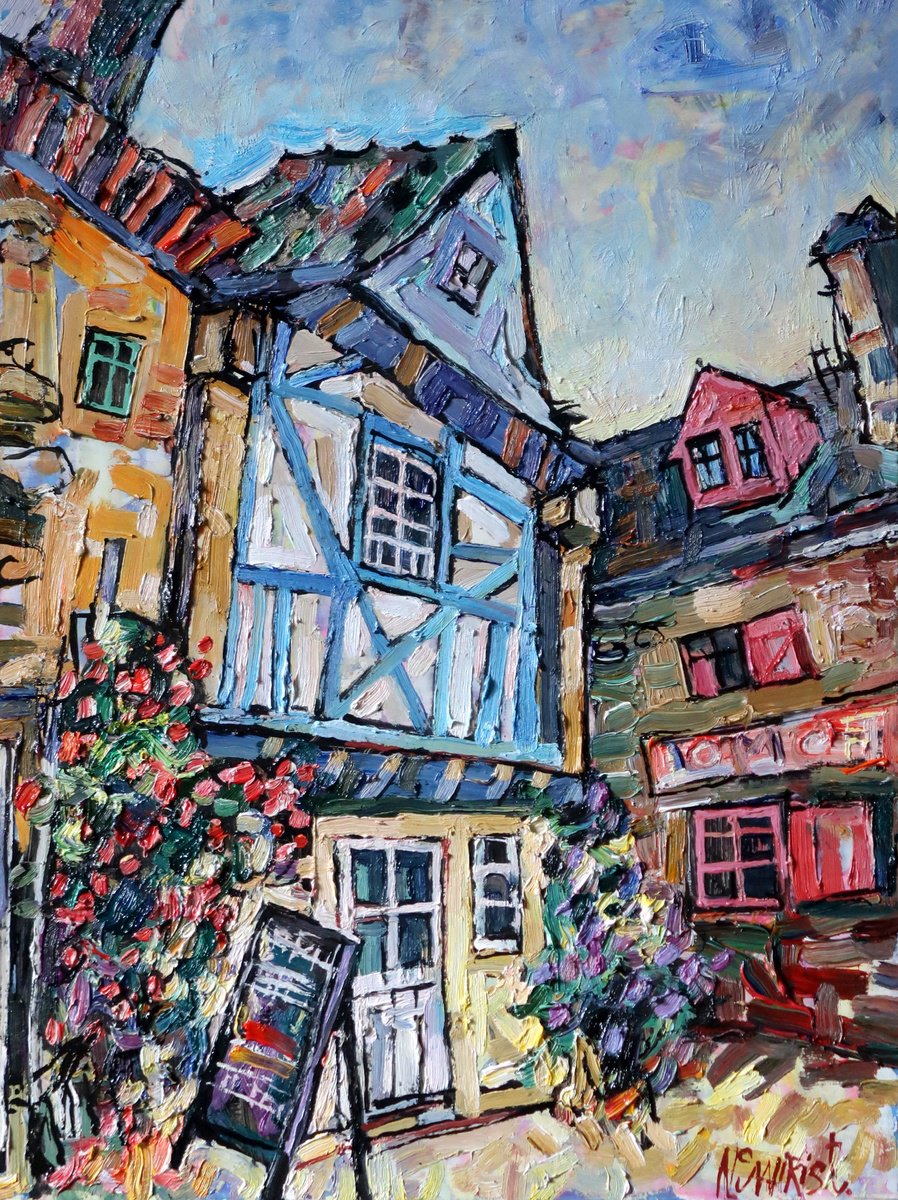 Impressionistic Cityscapes Oil Painting By Nikifor Swiristuhin, 12 X 16", Flowers And Cafe., Original Artwork