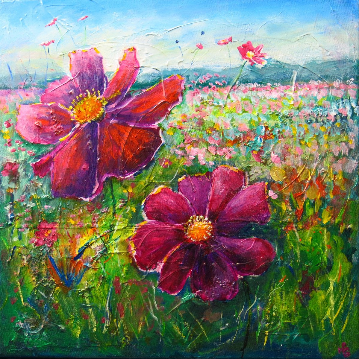 Impressionistic Botanical Acrylic Painting By Maureen Greenwood, 16 X 16", Pink Cosmos, Original Artwork