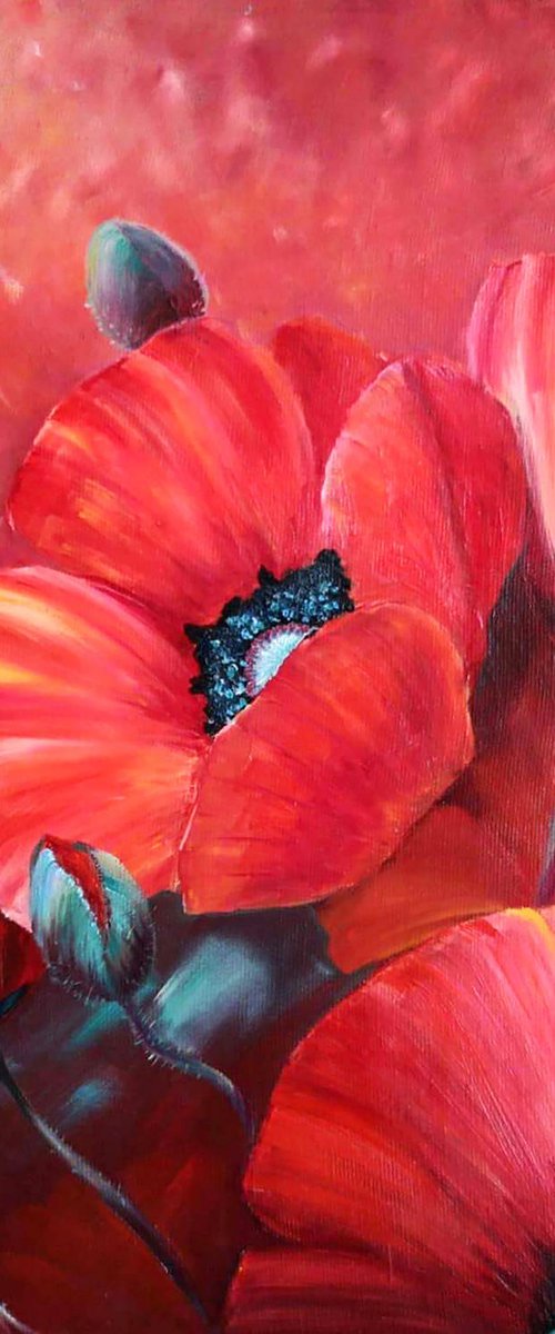 Poppies - oil painting, original gift, home decor, Flowering, Spring, Leaves, Red, Sexy, poster, Bedroom, Living Room by Natalie Demina