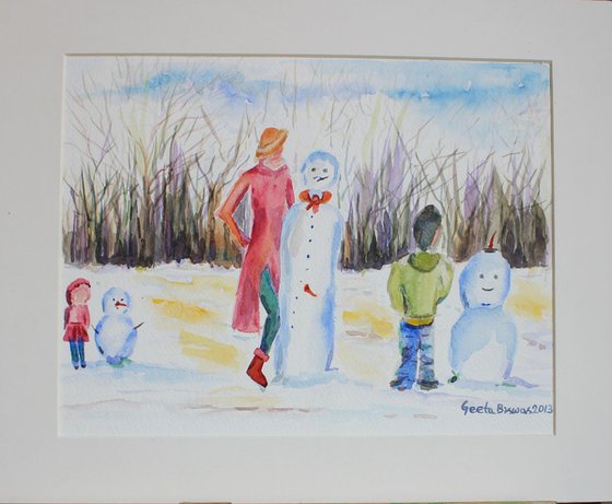 Snowman Competition, concept art, humor, fun, painting in watercolor