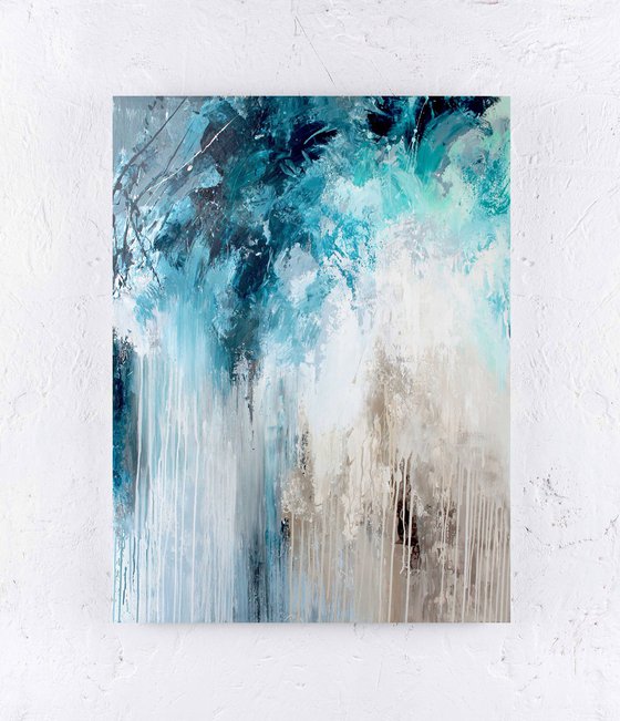 "Water streams" Teal navy blue gray art