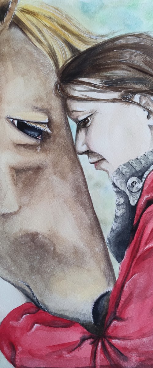 Girl in red and her horse. Watercolor painting on paper. Original artwork by Svetlana Vorobyeva by Svetlana Vorobyeva