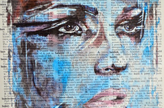 Blue Face - Collage Art on Large Real English Dictionary Vintage Book Page