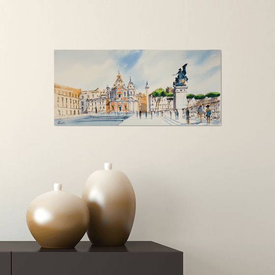 Classic rome city landscape near Venice Square. Light and shadow with city view. Medium format watercolor urban landscape italy sea bright architecture old travel