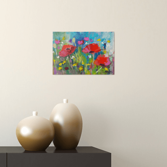 Poppies and yellow flowers. Poppy series.