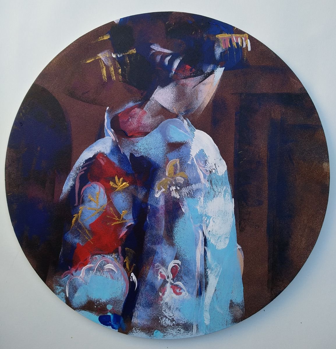 Expressive Portrait Acrylic Painting By Marina Del Pozo, 20 X 20", Round Geisha, Original Artwork