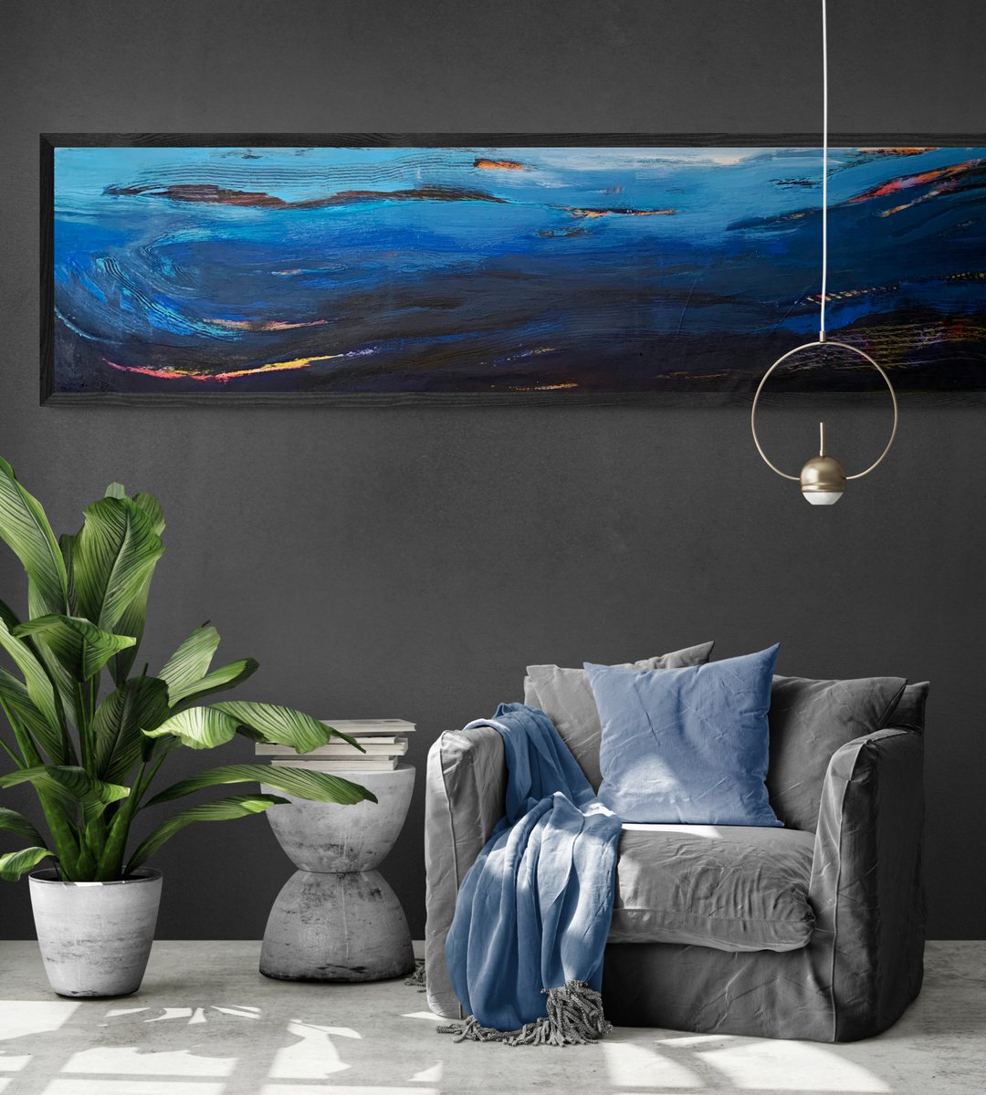 Abstract Acrylic Painting By Yaroslav Yasenev, 83 X 20", Deep Ocean, Original Artwork