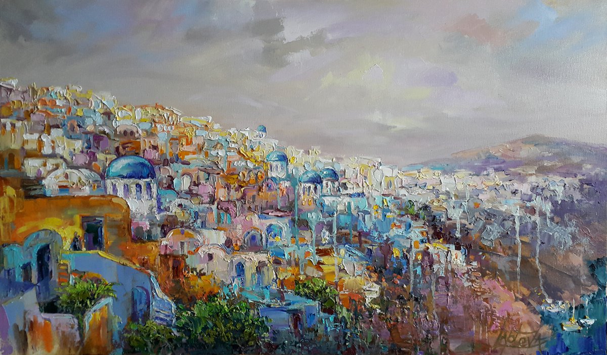 Impressionistic Landscape Oil Painting By Viktoria Lapteva, 37 X 22", Santorini, Greece, Original Artwork
