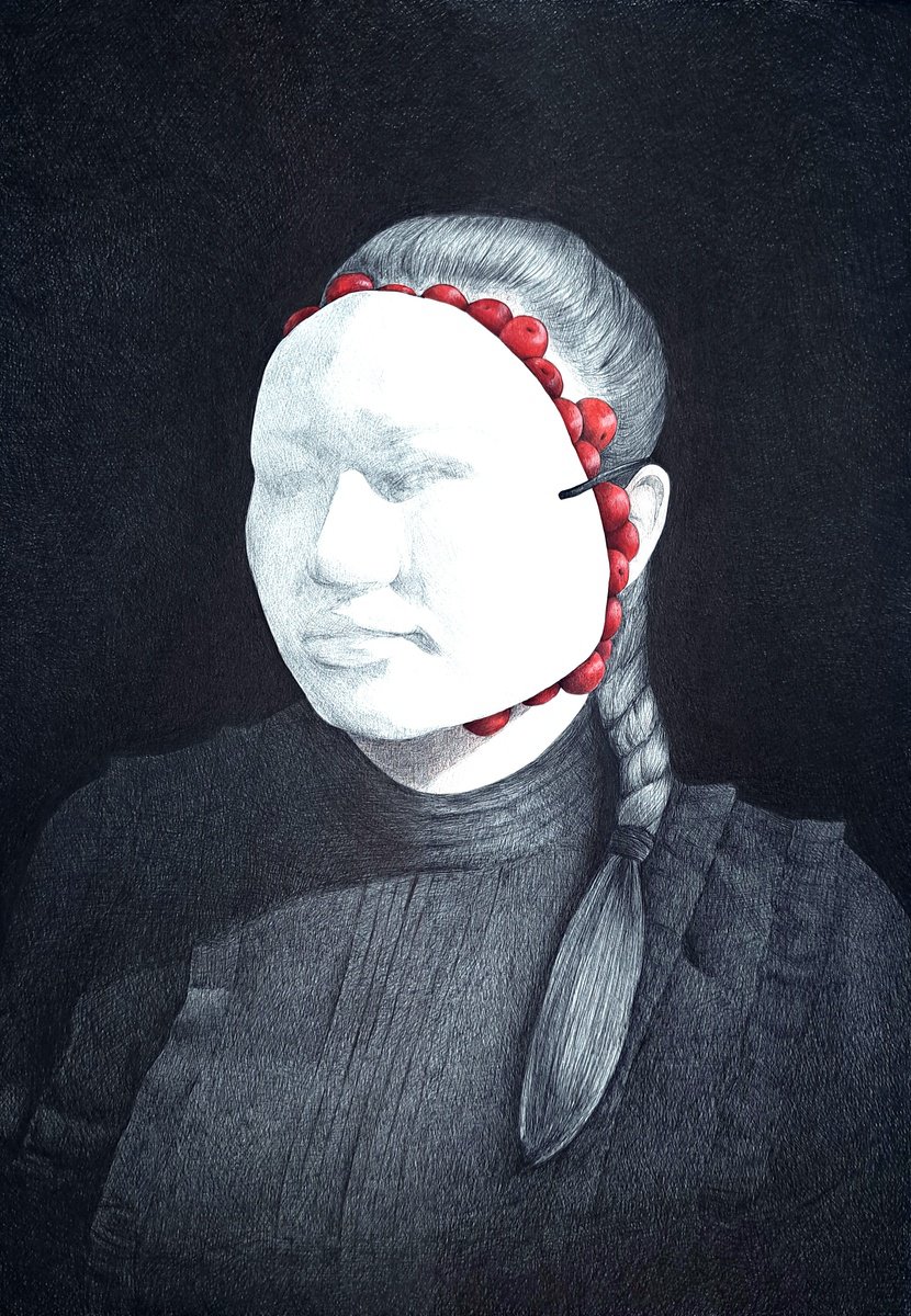 Surrealistic Portrait Drawing By Andromachi Giannopoulou, 13 X 19, White Mask, Original Artwork