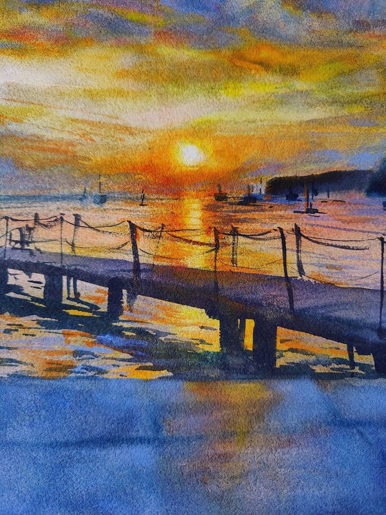 Last Portorose sunset of the year | Original watercolor painting