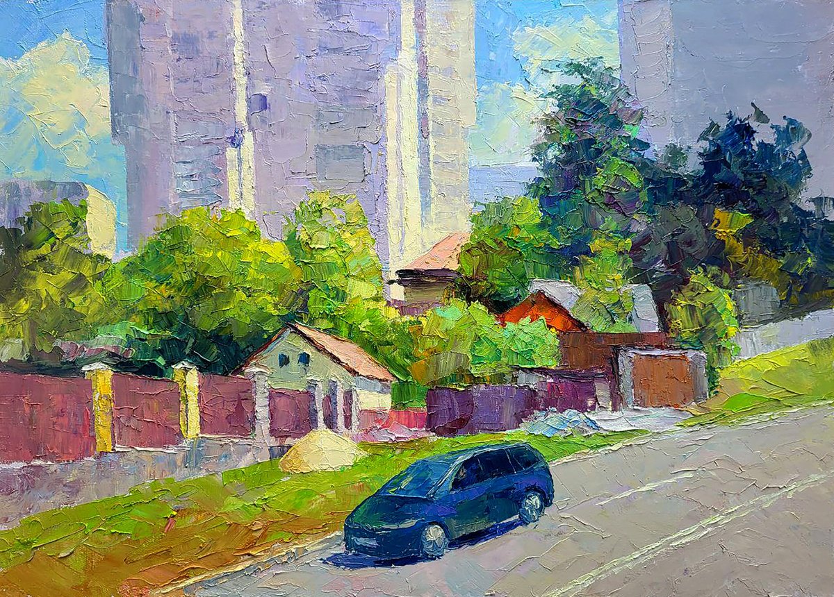 Impressionistic Landscape Oil Painting By Boris Serdyuk, 28 X 20, Along The City Street, Original Artwork