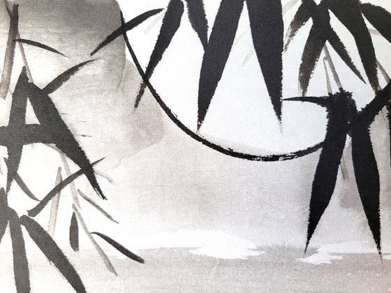 Bamboo on the background of the moon - Oriental Chinese Ink Painting
