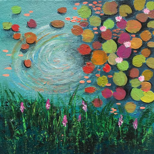 Water lily pond with ripples -2 !! Small Painting !! Mini Painting !! by Amita Dand