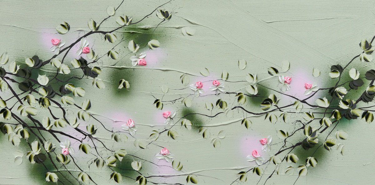 Impressionistic Abstract Acrylic Painting By Anastassia Skopp, 47 X 24, Pale Rose Garden, Original Artwork