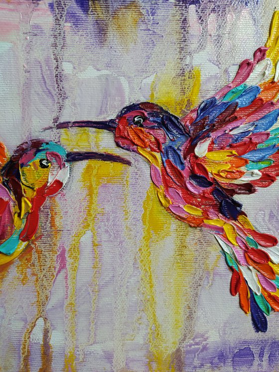 Love in the rain - hummingbirds, birds, hummingbirds oil painting, birds oil painting, love oil painting, love, animals, oil painting, art bird, impressionism