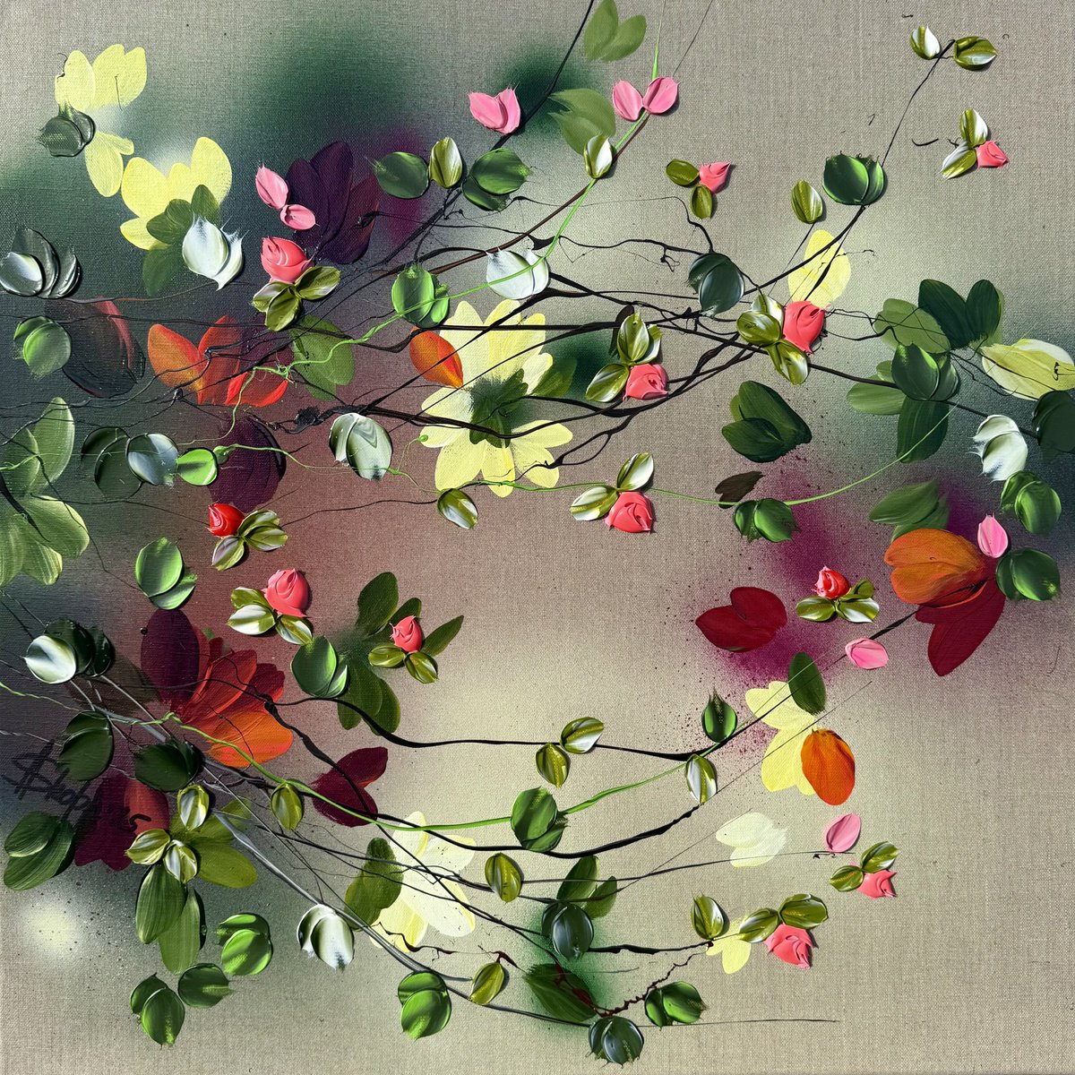 Expressive Botanical Acrylic Painting By Anastassia Skopp, 24 X 24, Satori Blooms Iv, Original Artwork