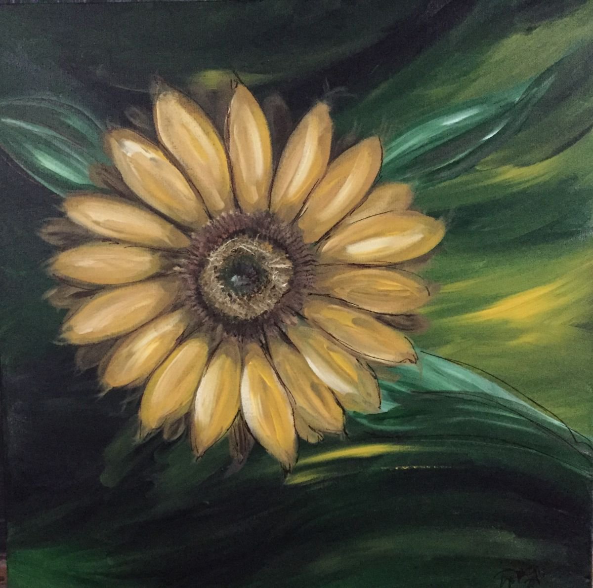 Impressionistic Botanical Acrylic Painting By Carolyn Shoemaker (Soma), 24 X 24, Sunflower Power!, Original Artwork