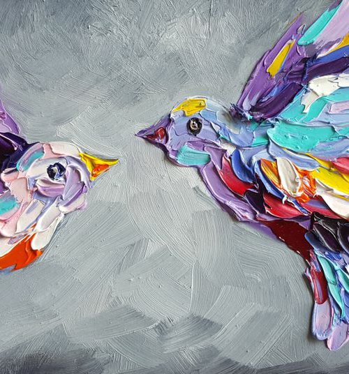 To meet the wind - birds, birds lovers, oil painting, animals oil painting, art bird, Impressionism, palette knife, gift. by Anastasia Kozorez