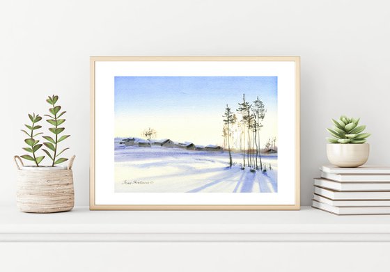 Sun in trees winter original landscape watercolor painting , christmas gift idea