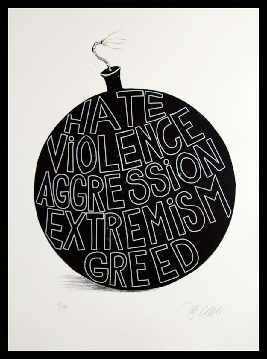 Bomb (for pacifists), linocut with glitter by Mariann Johansen-Ellis