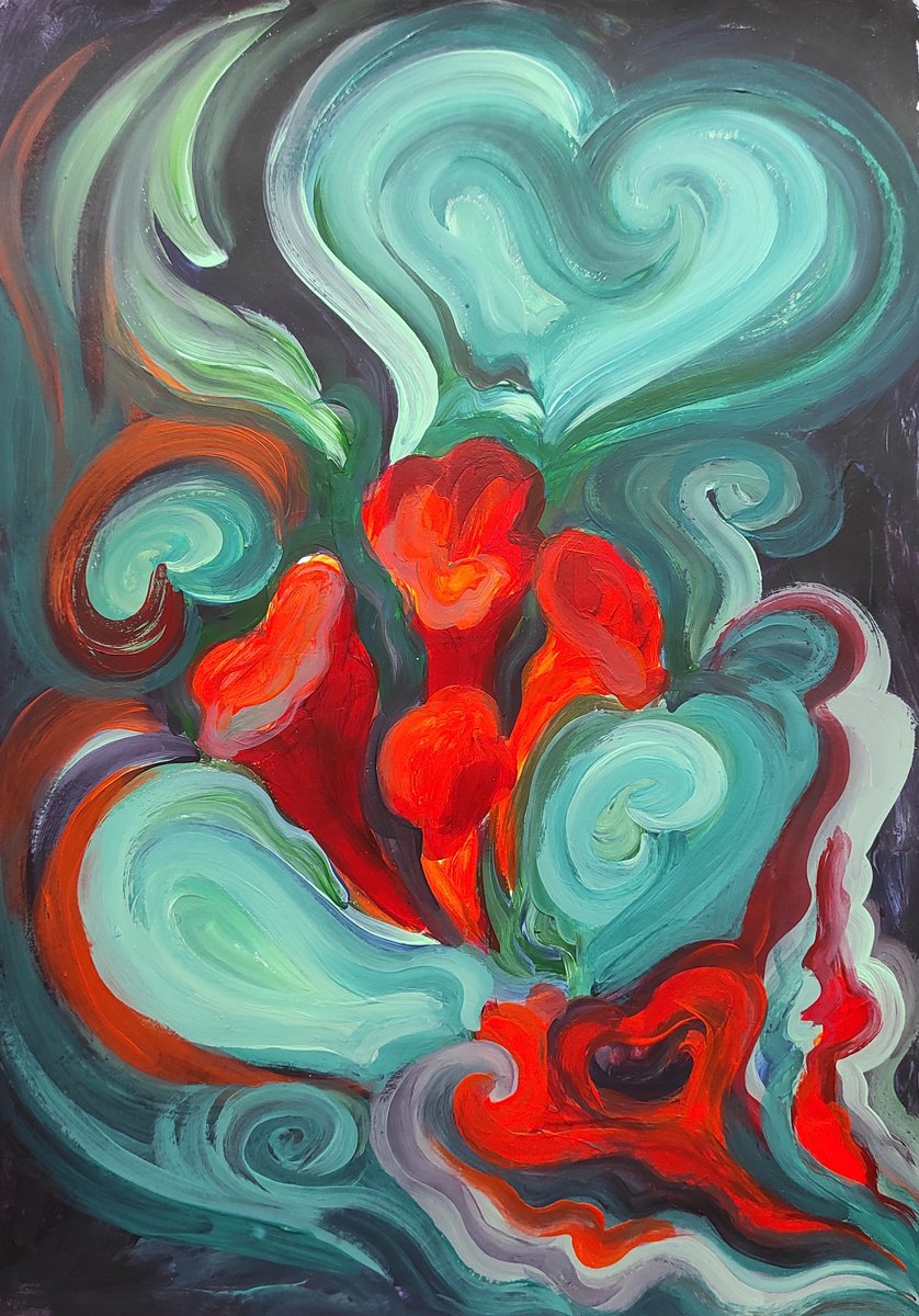 Impressionistic Botanical Acrylic Painting By Tetiana Borys, 12 X 16", Red Flowers, Original Artwork