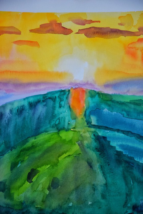 Sunset Landscape Large Painting, Tuscany Italy Original Watercolor Painting