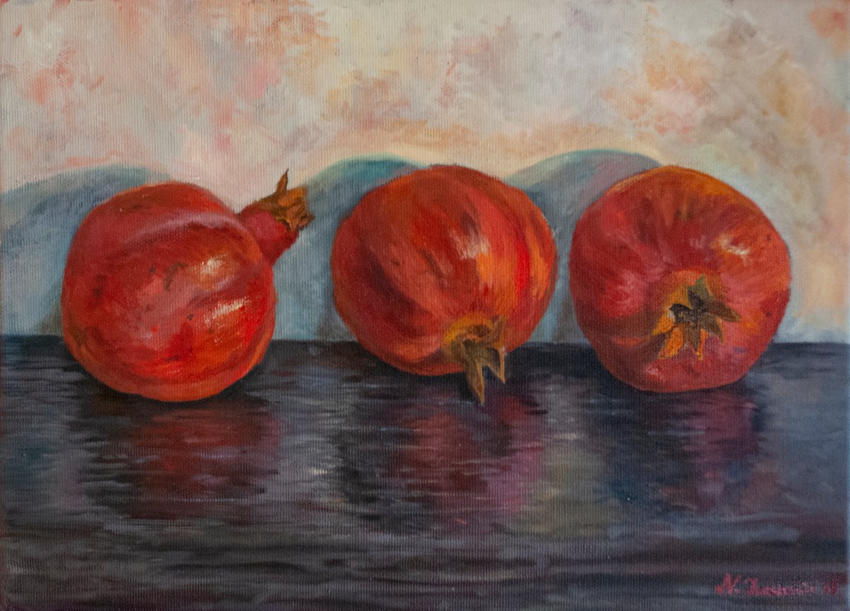 Impressionistic Still Life Oil Painting By Nikola Ivanovic, 14 X 10", Pomegranates, Original Artwork