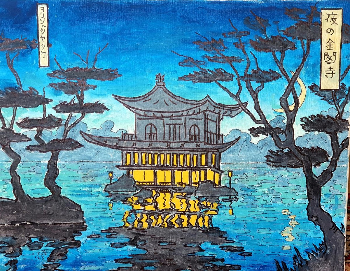Cityscapes Acrylic Painting By Colin Ross Jack, 20 X 16, Kinkaku Ji Temple At Night, Original Artwork