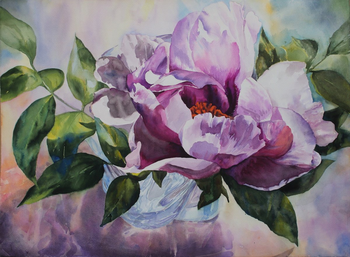 Impressionistic Botanical Watercolour By Yurii Pashkov, 28 X 20", Pink Flower, Original Artwork