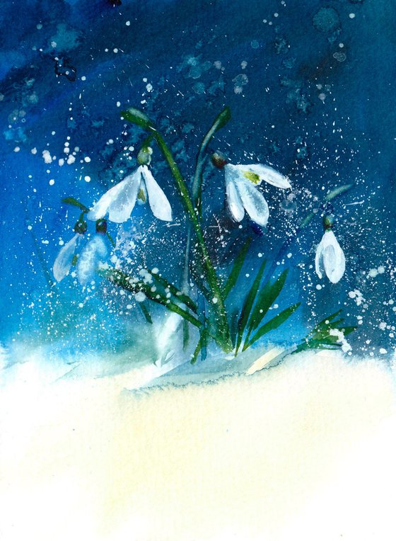Midnight Snowdrops -  original watercolour painting