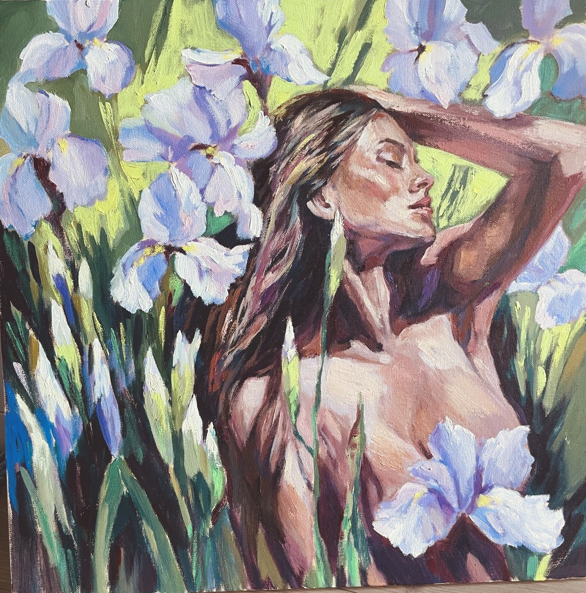 Impressionistic Portrait Oil Painting By Anna Reznikova, 24 X 24, Among The Irises, Original Artwork