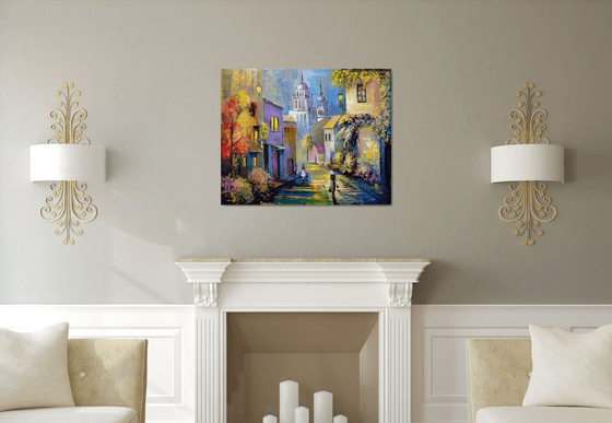 " Morning in Italy " - 100 x 80cm Original Oil Painting Large XL Landscape old Cityscape