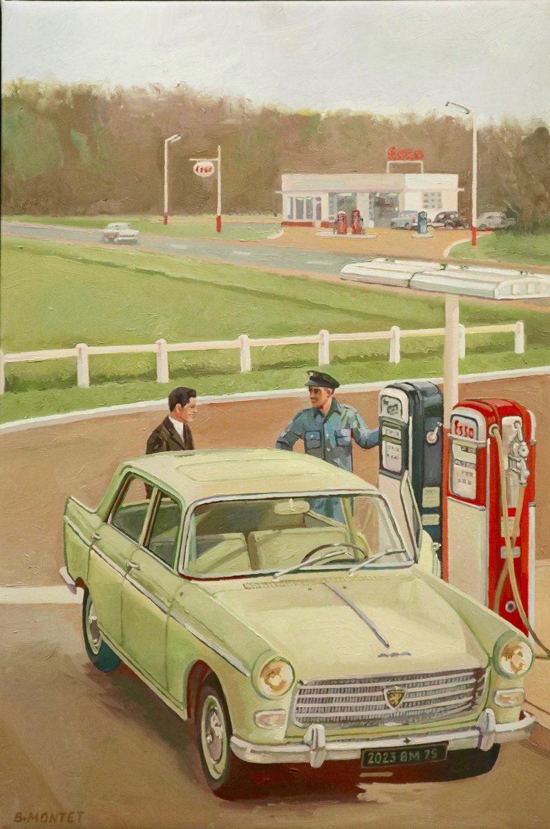 Photorealistic Transport Oil Painting By Benoit Montet, 18 X 26, Peugeot 404 Chez Esso , Original Artwork