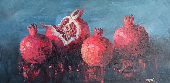 Pomegranates (30x60cm, oil painting,  ready to hang)