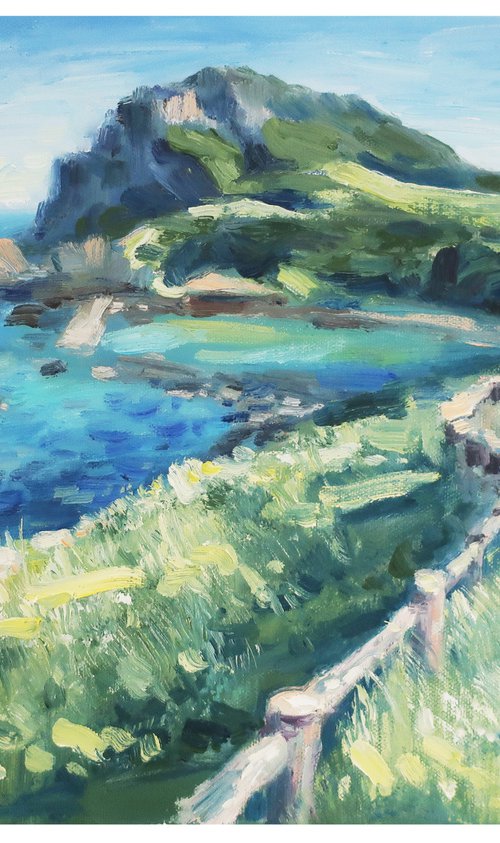 Oil painting Landscape Coast Green Mountains by Anna Shchapova