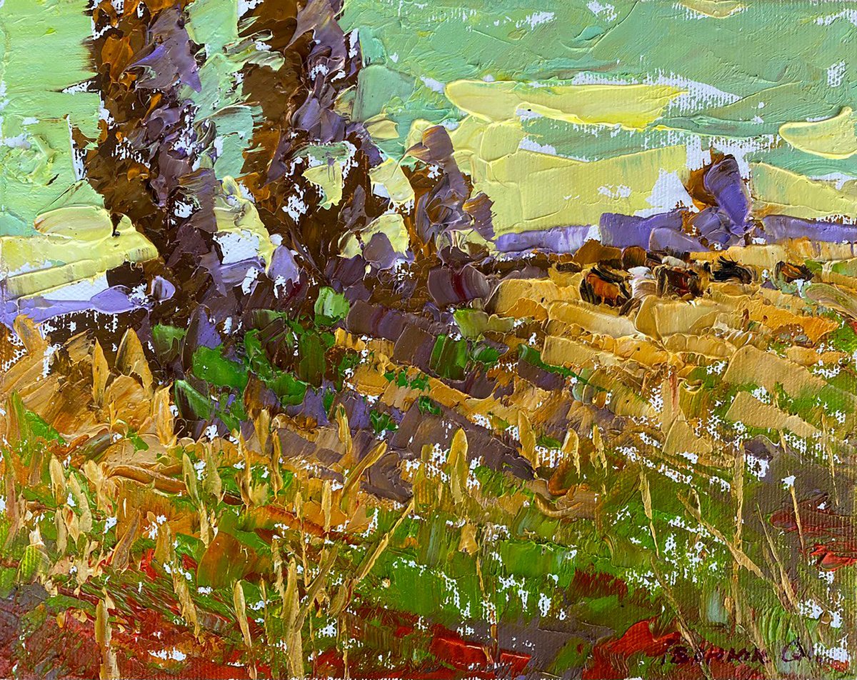 Impressionistic Landscape Oil Painting By Kalenyuk Alex, 10 X 8", Shepherd Outside The Village, Original Artwork