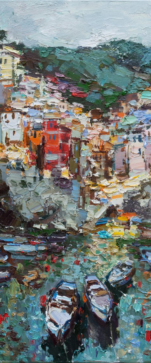 Riomaggiore, Cinque terre - Italian Landscape painting by Anastasiia Valiulina