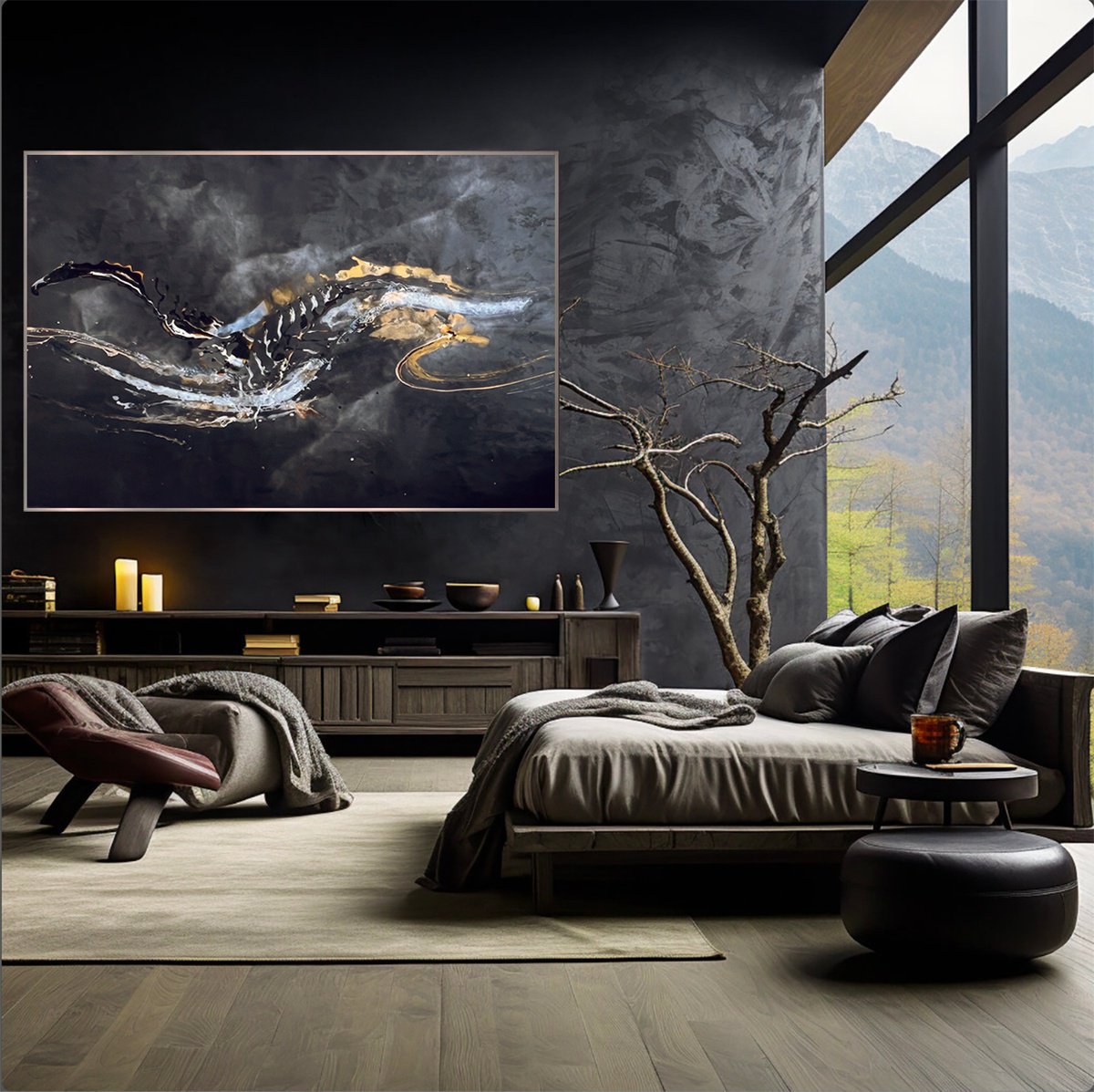 Expressive Abstract Acrylic Painting By Indie Ru, 81 X 55, Luxury Black Abstract Energy, Original Artwork