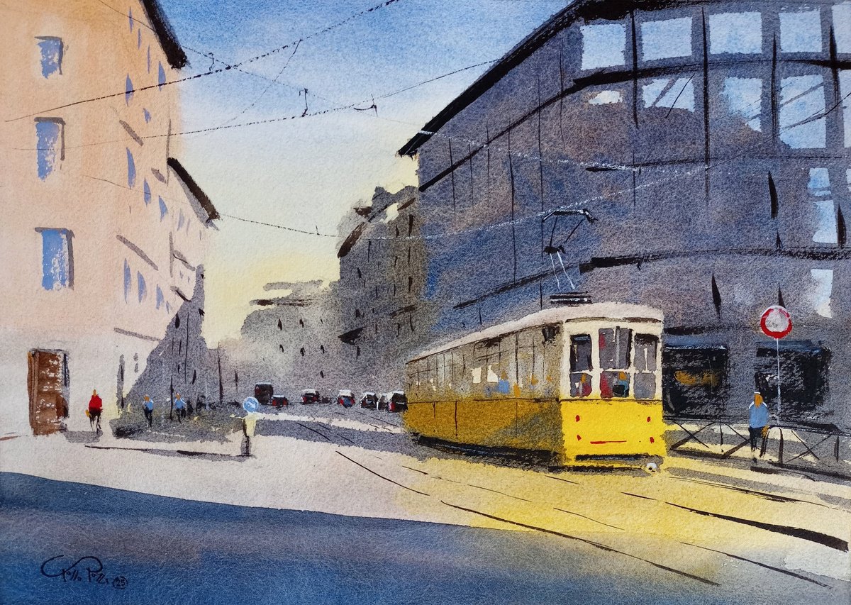 Expressive Watercolour , Milanese Tram By Tollo Pozzi, 15 X 11, Artwork For Sale On Artfinder