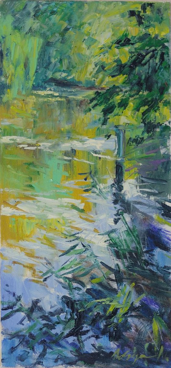 Early autumn river landscape  fall  impressionistic modern original oil painting