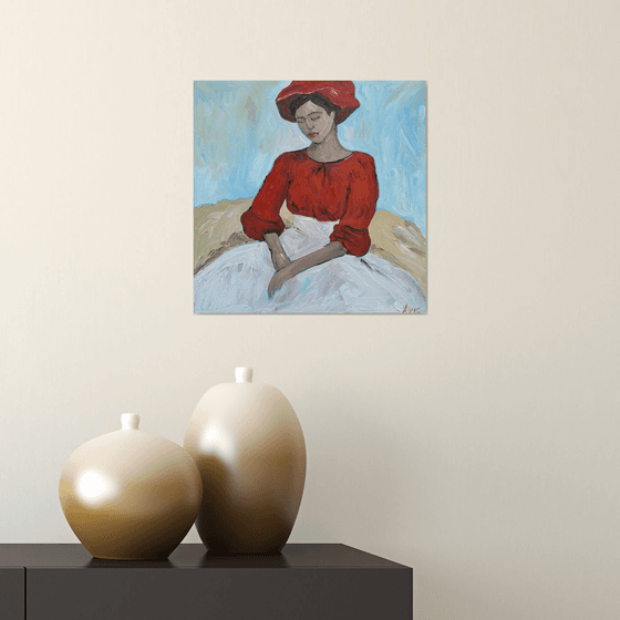 A Girl in a Red Blouse and Hat