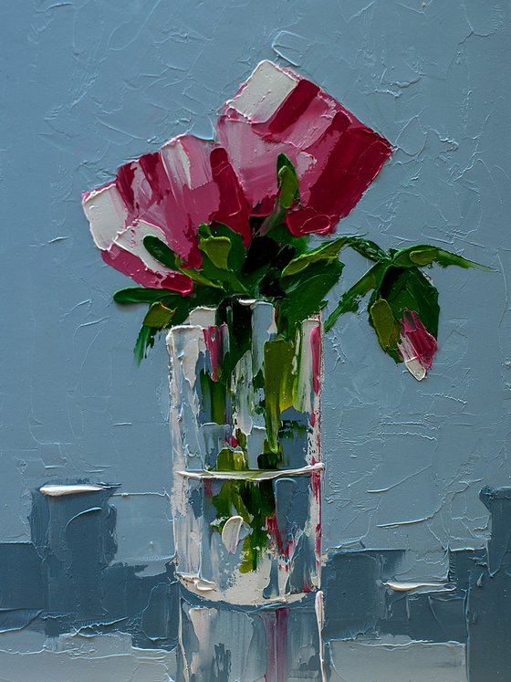 Flowers in glass. Still life oil painting. Flowers for her