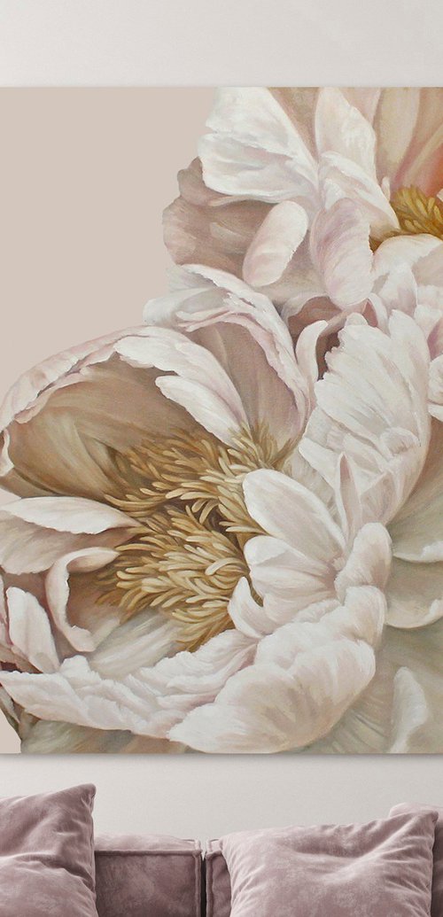 "Gray Silk Flowers" Gray white peony art by Olha