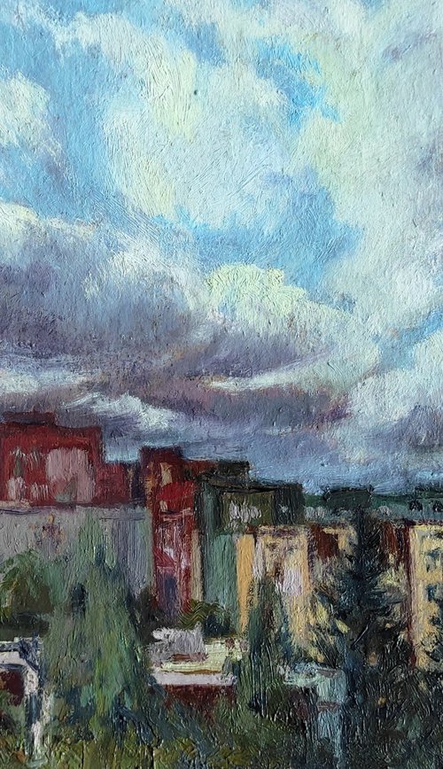 Crazy clouds - urban landscape, sky, original ukrainian artwork by Tetiana Borys