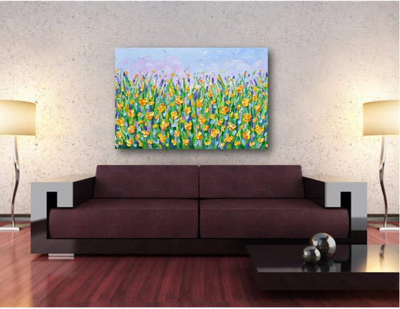 Yellow Flowers Meadow - Heavy Impasto Landscape Painting, Textured Knife Floral Art