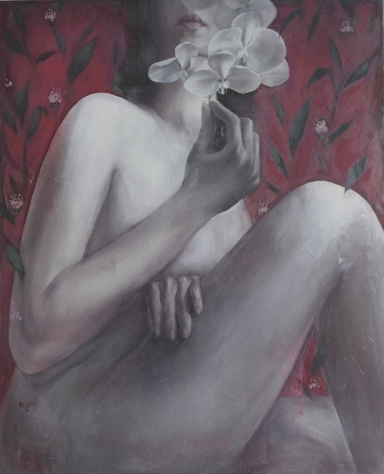 ORCHID-large oil erotic nude painting, red burgundy woman figure interior art